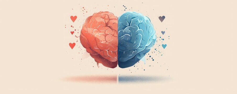 A heart-shaped brain with one half red and one half blue.