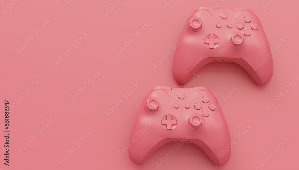 Poster Video game joysticks or gamepads in plain monochrome pink color background