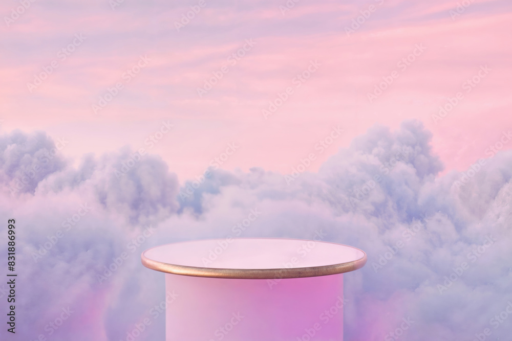 Poster round table set against a dreamy pink and purple cloudy sky, perfect for creating whimsical and ethe