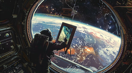 A surreal image of a space artist painting the cosmos from the window of a space station, with the canvas and brushes floating in zero gravity, illuminated by the soft glow of distant stars.