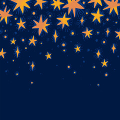 Falling stars on dark background. Vector vintage illustration with bright orange stars. Abstract hand drawn magic holiday template with place for text. Design for greeting card, invitation, banner