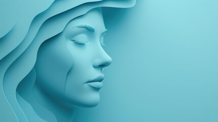 Abstract profile portrait of a woman in blue, created with 3D rendering.  Minimalist and modern art design.