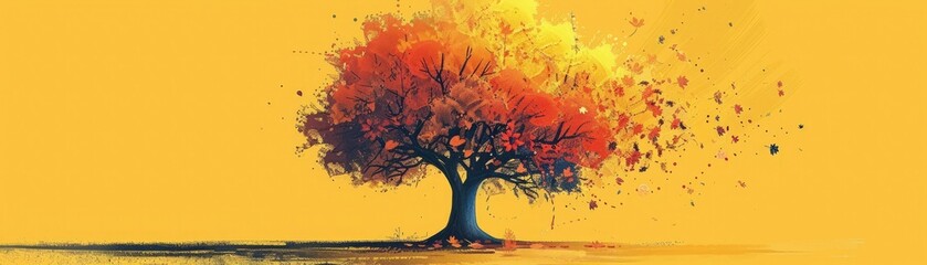 Abstract painting of a colorful tree with leaves falling off.