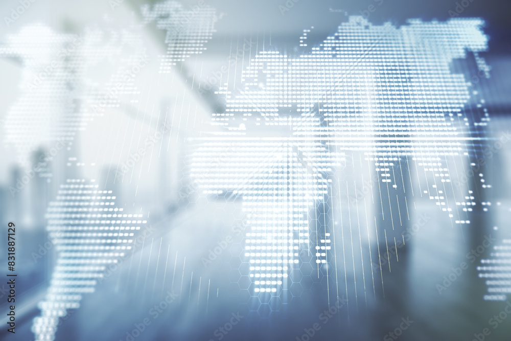 Poster multi exposure of abstract creative digital world map hologram on empty modern office background, re
