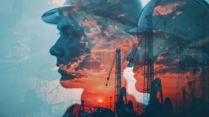 Drilling operations in mining close up, focus on, copy space, vibrant colors, Double exposure silhouette with drills