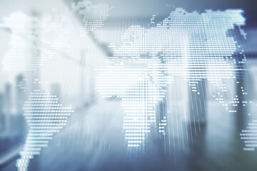 Multi exposure of abstract creative digital world map hologram on empty modern office background, research and analytics concept
