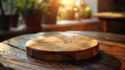 The wooden table, embraced by warm sunlight, exudes a cozy vibe