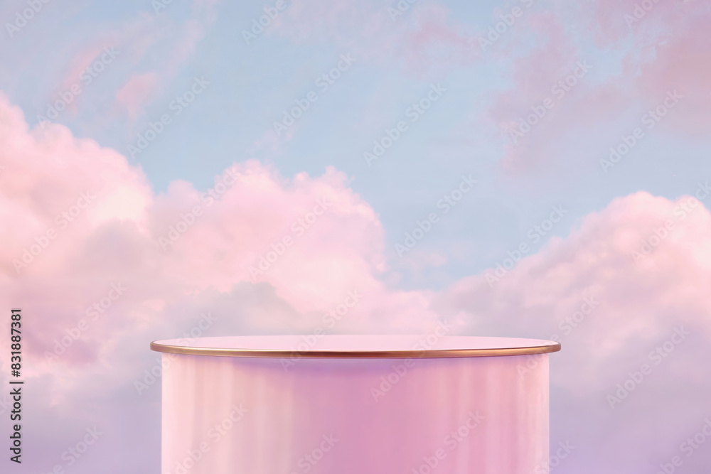 Poster platform surrounded by dreamy pastel clouds, perfect for creating whimsical and serene visuals for p
