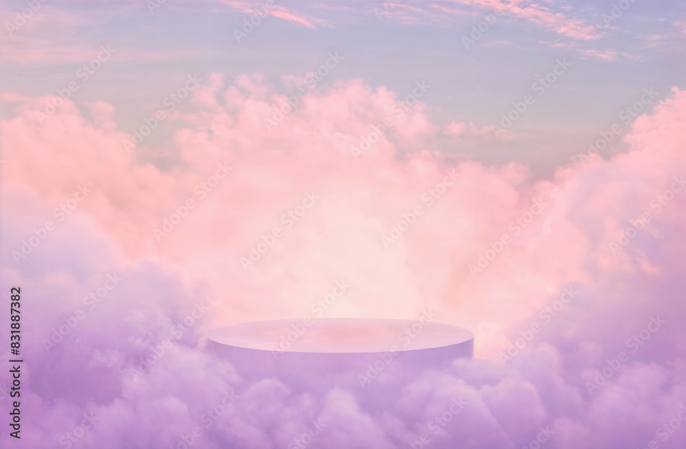 Aufkleber minimalist pink platform set against a serene cloudscape, ideal for creative product displays and ar
