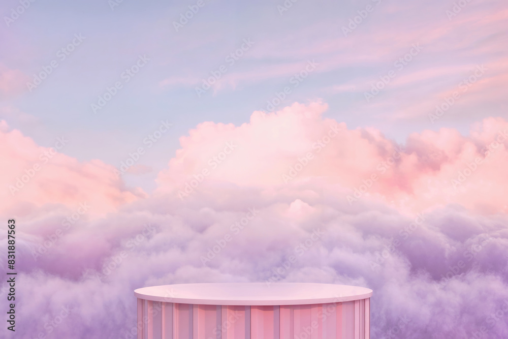 Aufkleber minimalist pink platform set against a serene cloudscape, ideal for creative product displays and ar