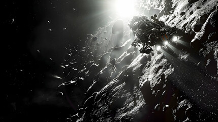 A high-contrast shot of a space rescue drone retrieving a stranded astronaut from an asteroid, with the harsh lighting from the droneâ€™s headlights casting intense shadows and creating a dramatic,
