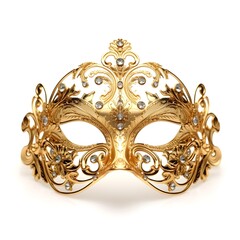 a beautifully crafted golden masquerade mask adorned with intricate details and sparkling gemstones