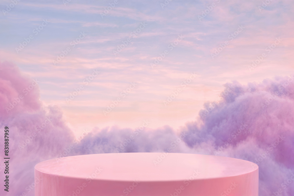 Aufkleber pink platform set against a dreamy cloud background, perfect for creating serene and whimsical produ