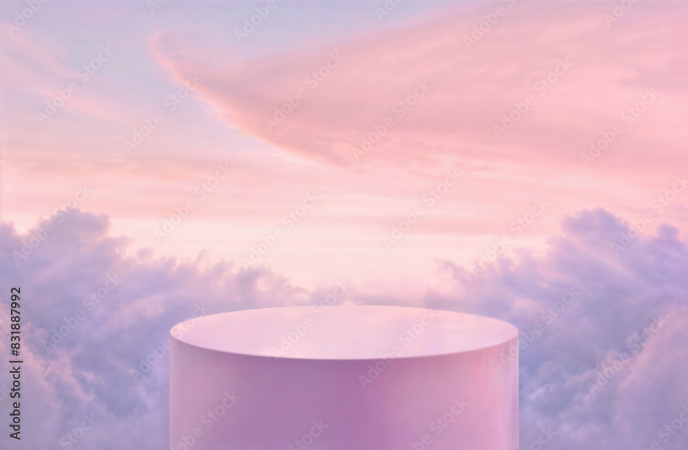 Aufkleber pink cylinder set against an ethereal cloud background, perfect for creating serene and whimsical pr