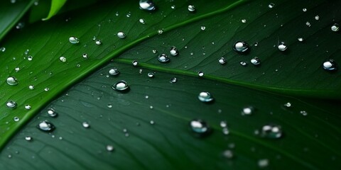 Closeup of raindrops on the edge of a green banana leaf, highlighting their delicate and intricate patterns against the lush background. The focus is sharp to capture every droplet in high resolution 