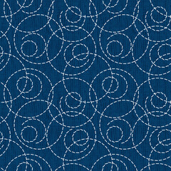 Seamless abstract geometric pattern with circles. White dotted pattern on a dark blue background.