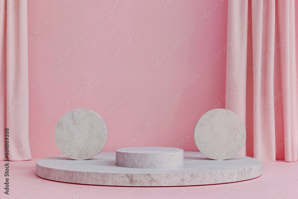 Poster Minimalist display setup featuring pink curtain backdrop with marble platforms and circles, ideal for elegant and modern product presentations.