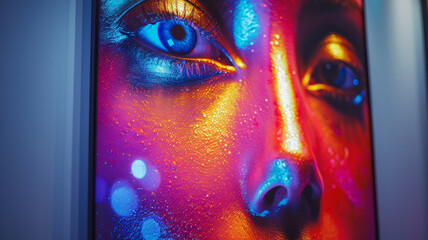 Close-up portrait of a woman with vibrant, colorful face art.
