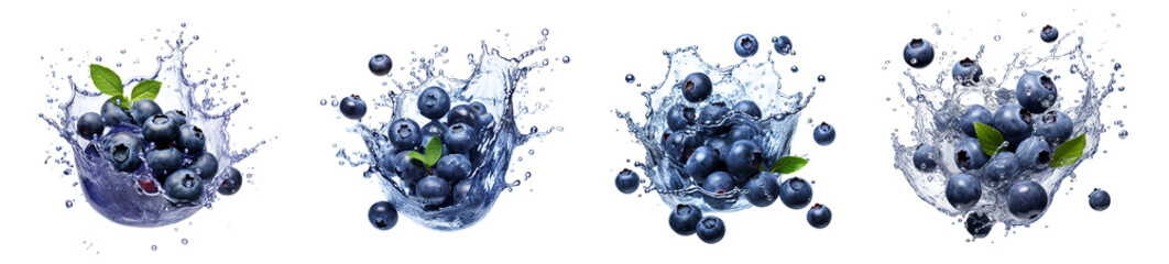 Fresh ripe blueberries and splashing juice png cutout isolated on transparent background 