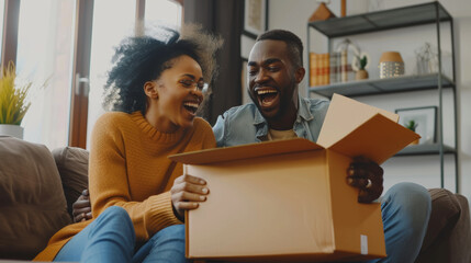 Joyous couple laughing with excitement as they unpack a surprise from a cardboard box. - Powered by Adobe