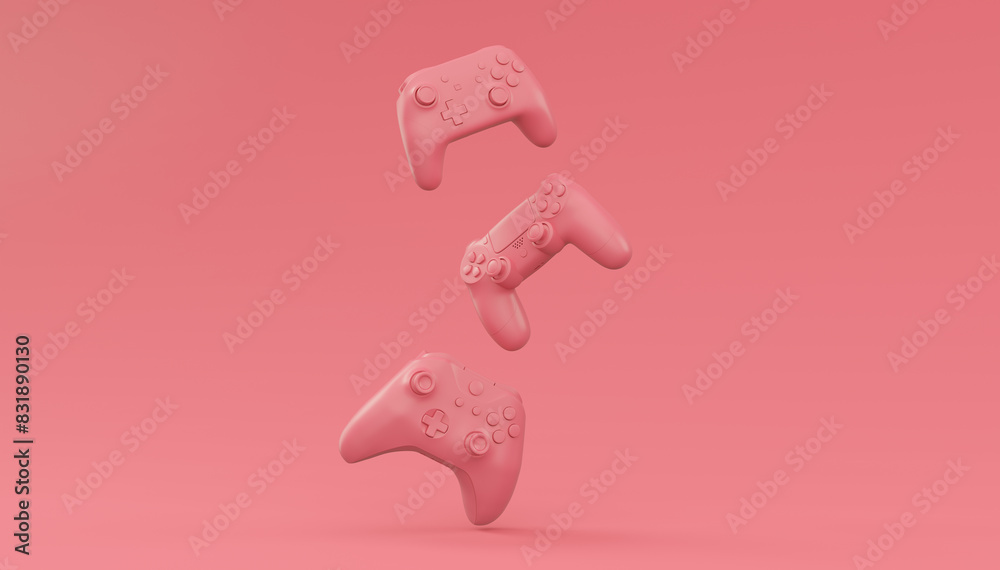 Wall mural Video game joysticks or gamepads in plain monochrome pink color background