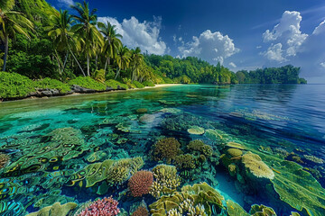 Naklejka premium A breathtaking view of a lush tropical island with green forest and cloudy sky