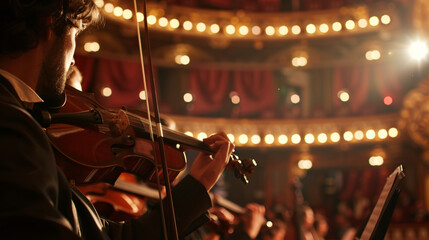 Violinist passionately playing in an opulent theater with warm golden stage lighting.