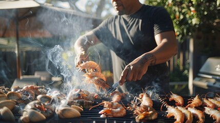 Fototapeta premium someone Grilled shrimp on stove. seafood of Thailand.