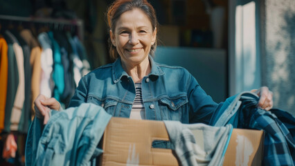 Cheerful woman unpacking clothes donation box in a sunlit second-hand shop.