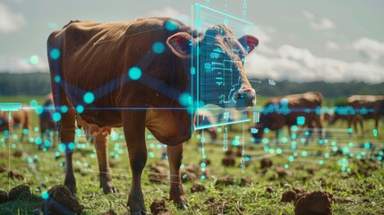 A farmer manually inputs data into a computer recording each animals weight and health status to track patterns and make informed management decisions.