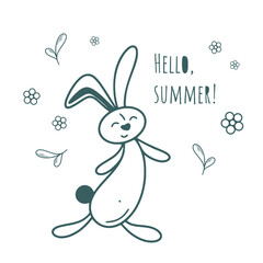 Bunny rejoices in the coming of summer cute line illustration. Contented rabbit surrounded by flowers and herbs and the inscription Hello Summer. Simple hand drawn baby card with character, vector