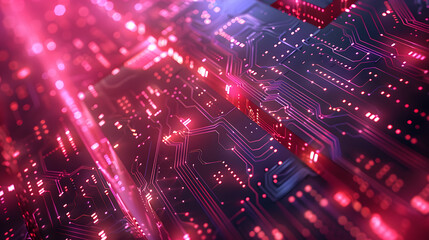 Obraz premium Generate an abstract background with a futuristic, high-tech aesthetic. Use metallic shades, neon lights, and circuit-like patterns to create a sleek, digital environment, evoking the feel of a cyberp