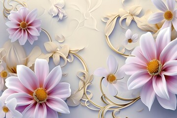 Obraz premium 3d wallpaper with white and pink flowers, golden swirls and leaves on light blue background. Elegant floral frame for wall art design, mural 