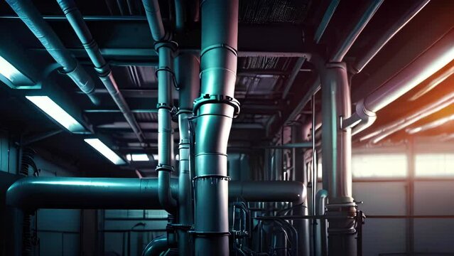 Ventilation pipe system in technical room of building, pan shot right. Providing fresh air to indoor and office premises.