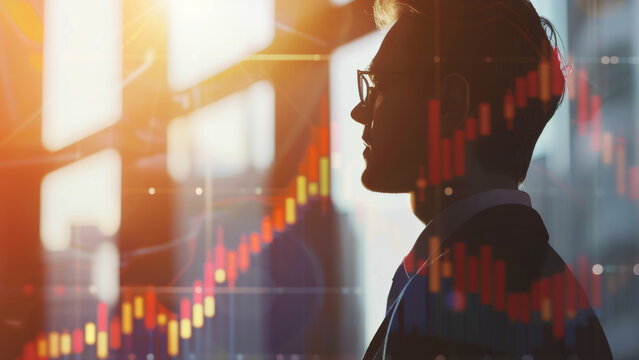 Businessman silhouetted against the sunset, overlaid with stock market data.