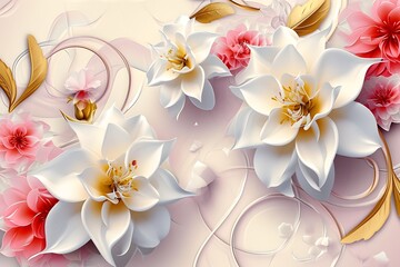 3d wallpaper with white and pink flowers, golden swirls and leaves on light blue background. Elegant floral frame for wall art design, mural 