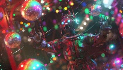 Craft a cyborg ringmaster juggling holographic orbs in a cybernetic big top tent, with wires intertwining with colorful circus props