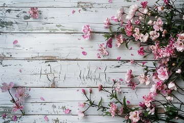 Pink flowers scattered on weathered white wooden boards background