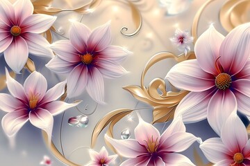 3d wallpaper with white and pink flowers, golden swirls and leaves on light blue background. Elegant floral frame for wall art design, mural 