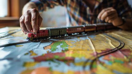 Obraz premium Hands meticulously adjusting a model train on a track laid across a map.