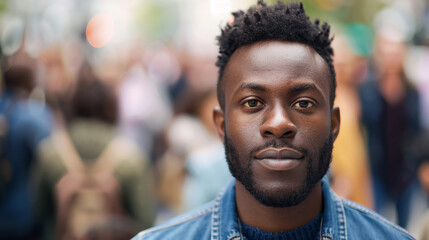 Portrait of a self-assured man amid a blurred crowd, standing out distinctly.
