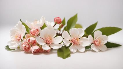 A branch of delicate pink cherry blossoms with green leaves on a white background.

