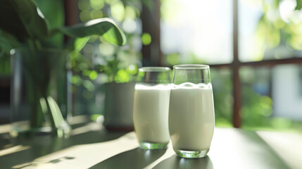 Two glasses of fresh milk on a sunlit table by a window, symbolizing simplicity and health.