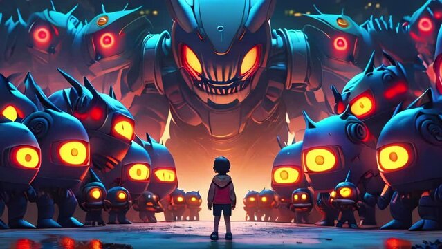 Small child stands among monsters with glowing eyes, push-in-shot. Huge scary iron robotic hero looks piercingly down at small person. Confrontation between humanity and machines.