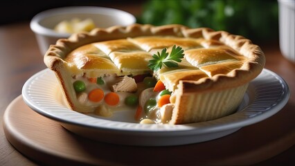 Chicken pot pie with a flaky golden crust, filled with vegetables and creamy sauce, served on a white plate. The colorful filling includes carrots, peas, and corn, creating a hearty meal