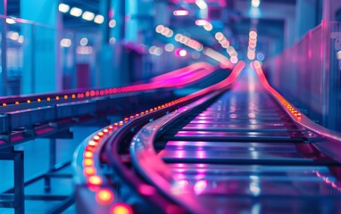 Efficient production lines in facility close up, focus on, copy space, vibrant colors, Double exposure silhouette with conveyor belts