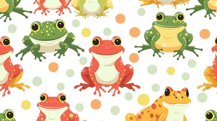 Seamless pattern of cartoon frogs with polka dots for fabrics linens wrapping paper kids clothing festive packaging and summer accessories