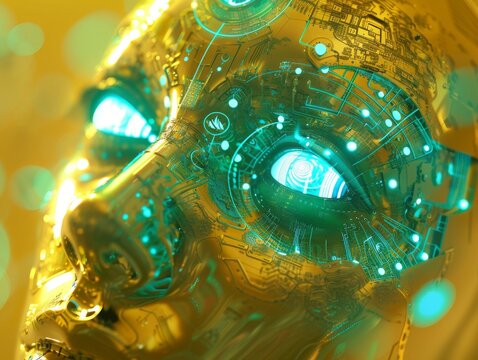 An intricate, futuristic mind-reading device, glowing with turquoise lights and metallic sheen