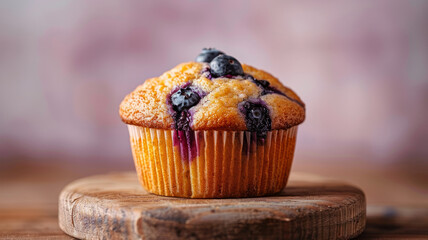 A blueberry muffin on a rustic wooden board.