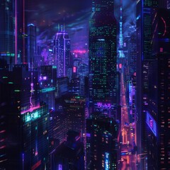 Capture the essence of Nocturnal Urban Life with neon lights against dark skyscrapers in a digital urban landscape